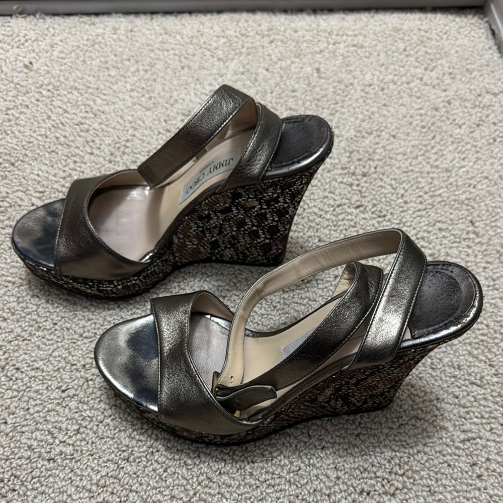 Jimmy Choo Pablo Gunmetal Metallic Wedge Sandals